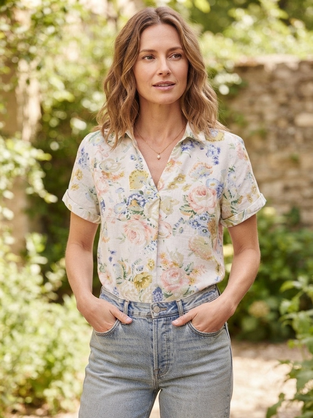 For Cynthia Top Sz Petite PM Linen Viscose Floral Cottage Prairie Beach  Summer